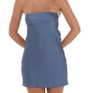 Size small Satin Pearl Open Back Dress in Slate Bluelll